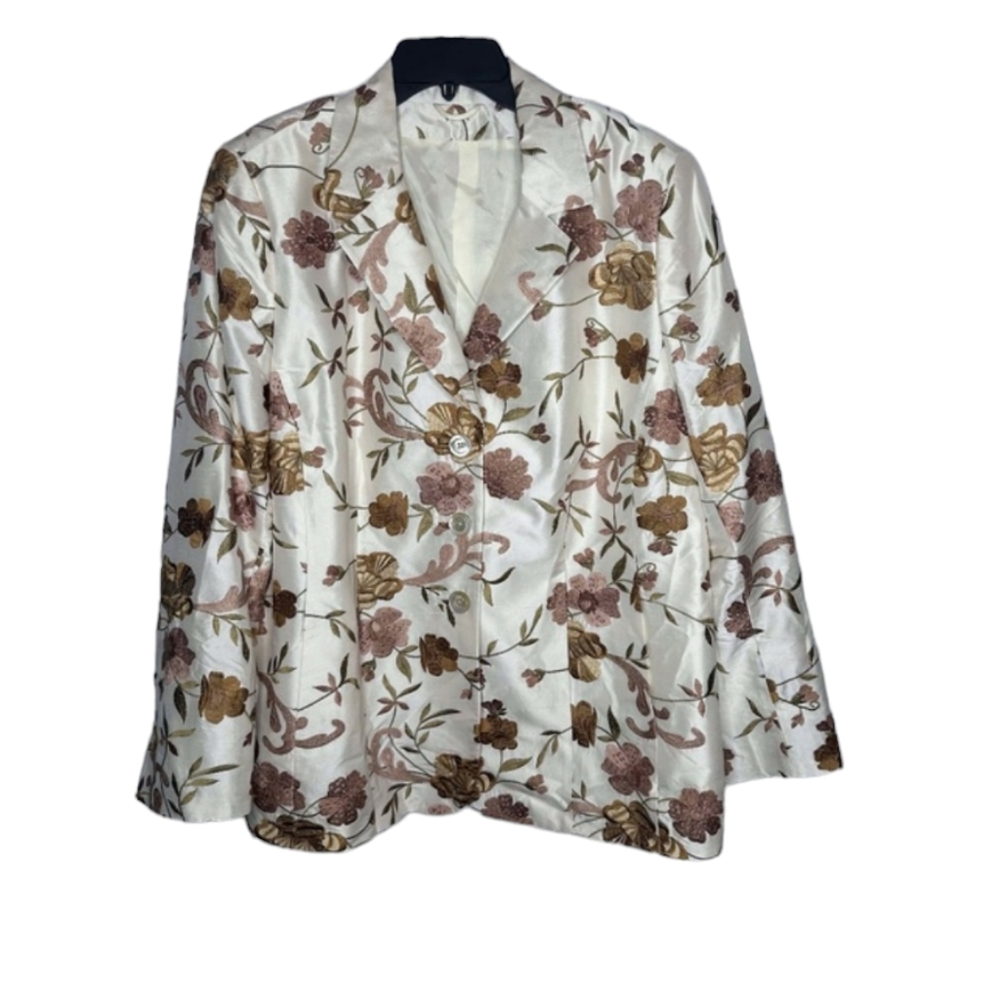 Algo of Switzerland Red/Green Floral/Paisley Silk Brocade Blazer Jacket, Size XL